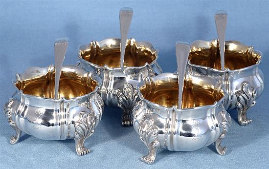 A set of four William IV silver salts, by Charles Goodwin, dia 78mm, weight 15.6oz/486grms.